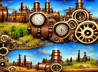 A GAN-generated structure combines an ornate tower, metallic machinery and a cloudy landscape.