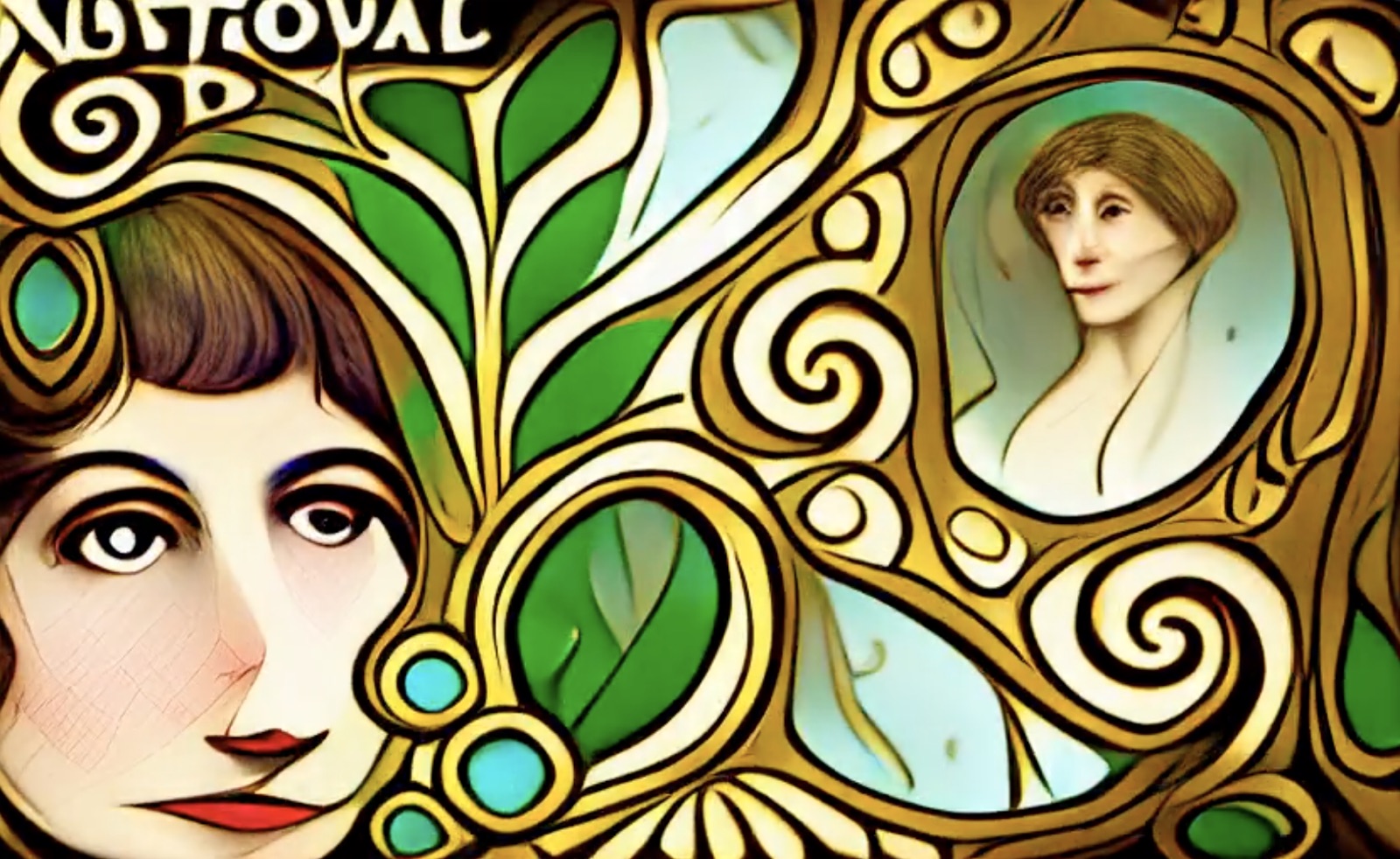 A still from Gene Kogan's Art Nouveau Portrait 6 -- gold whiplash curves, green foliage and two women's faces in a mirrored frame -- standing here for BrainDrops, the AI minting platform Kogan founded and one of the platforms this entry surveys.