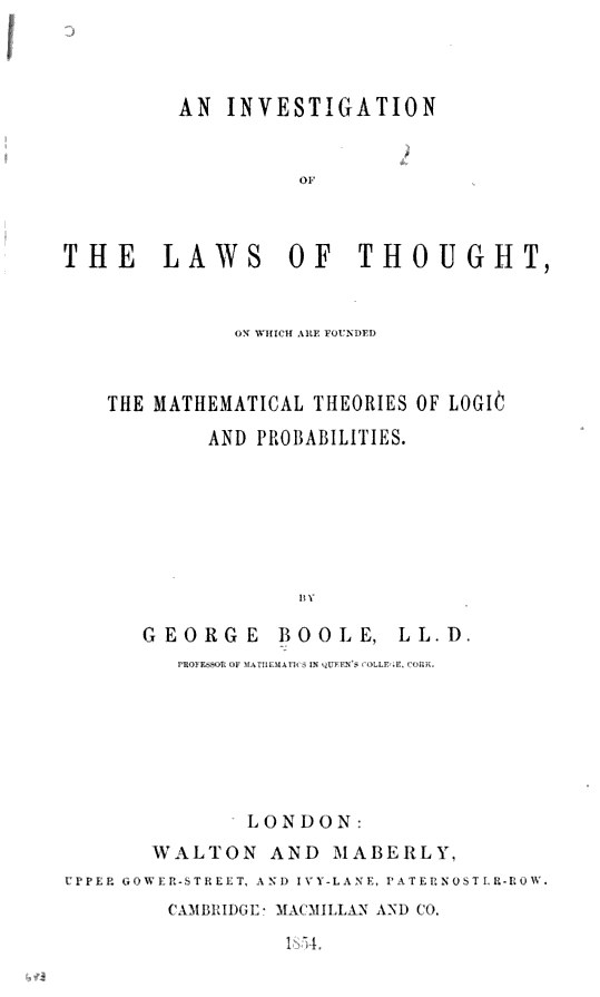 The title page of the 1854 first edition of Boole's An Investigation of the Laws of Thought.