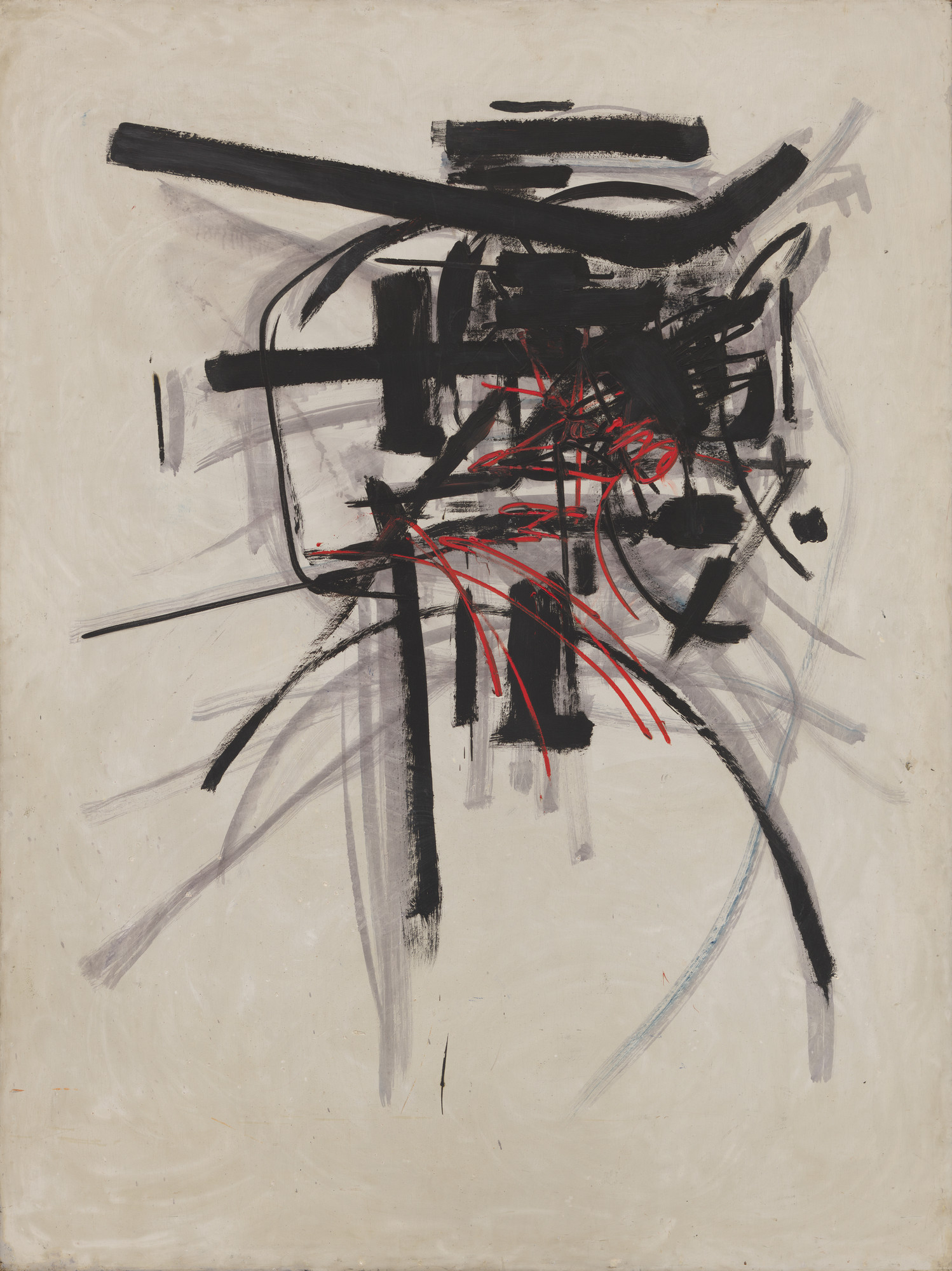 Broad black and gray gestural brushstrokes intersect fine red lines on an off-white field.