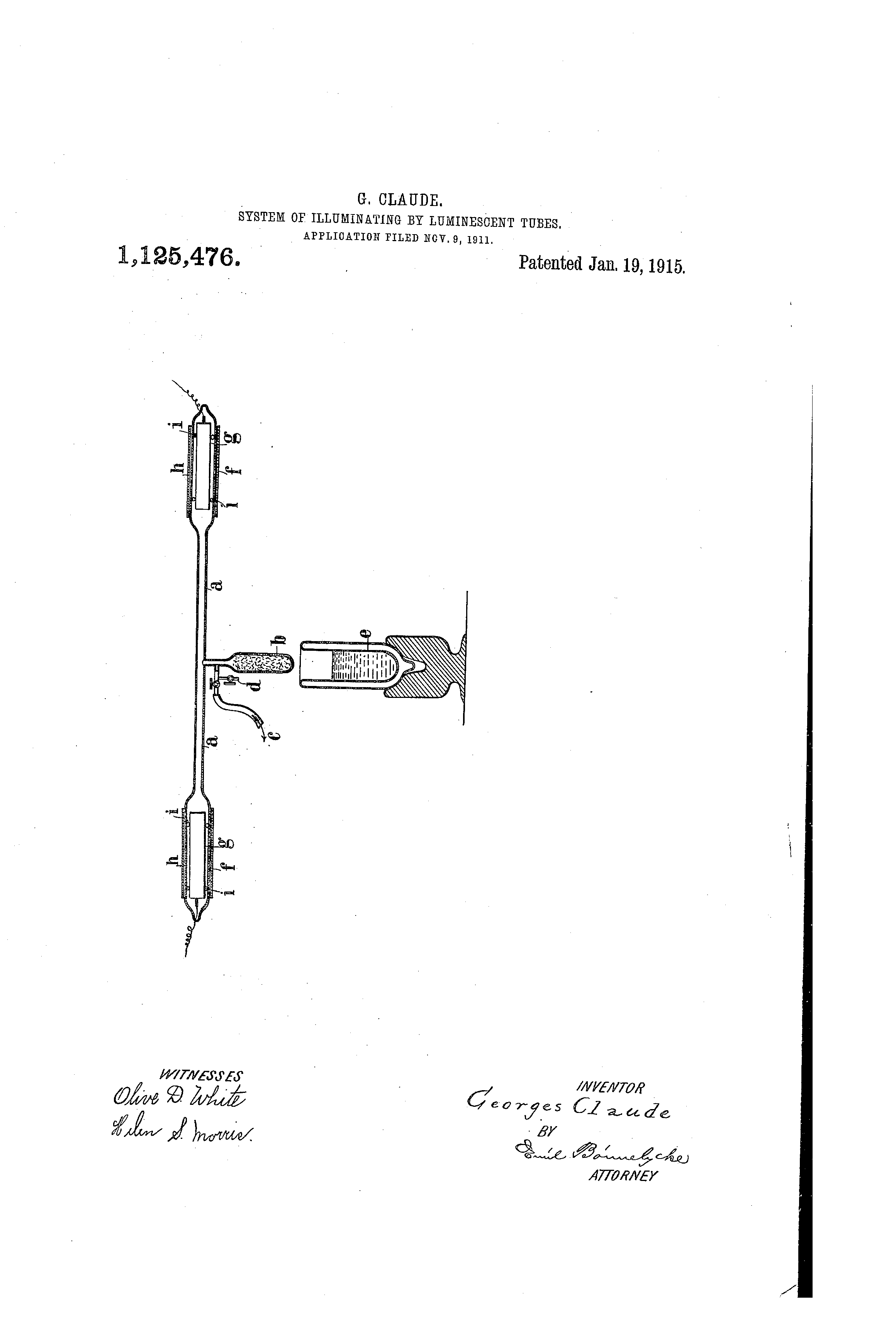 Patent drawing of a long luminescent tube with electrodes at both ends and a central side vessel, above signatures and the 1915 patent date.