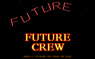 Future Crew lettering and a red wireframe text effect on a black starfield.