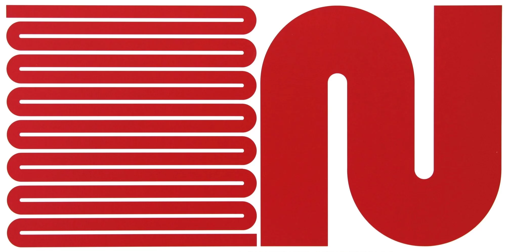 Red parallel paths, rounded corners and a broad serpentine band on white in Vera Molnár’s Arrondir les angles / D.