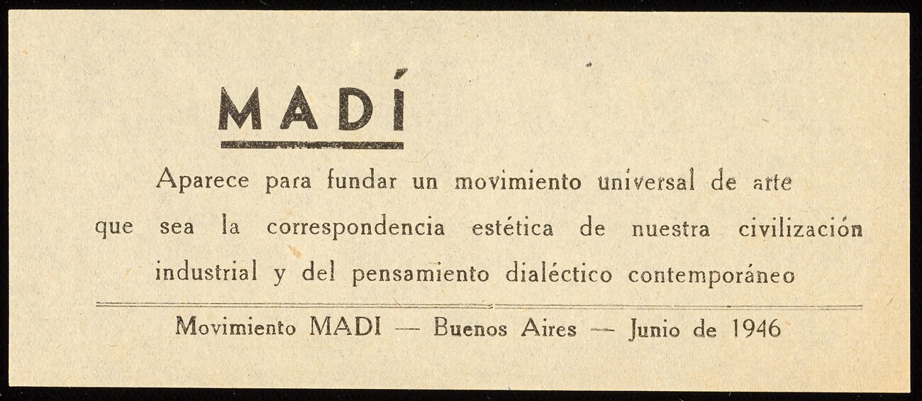 A cream printed flyer headed MADÍ above its declaration and the line Movimiento MADI — Buenos Aires — Junio de 1946.