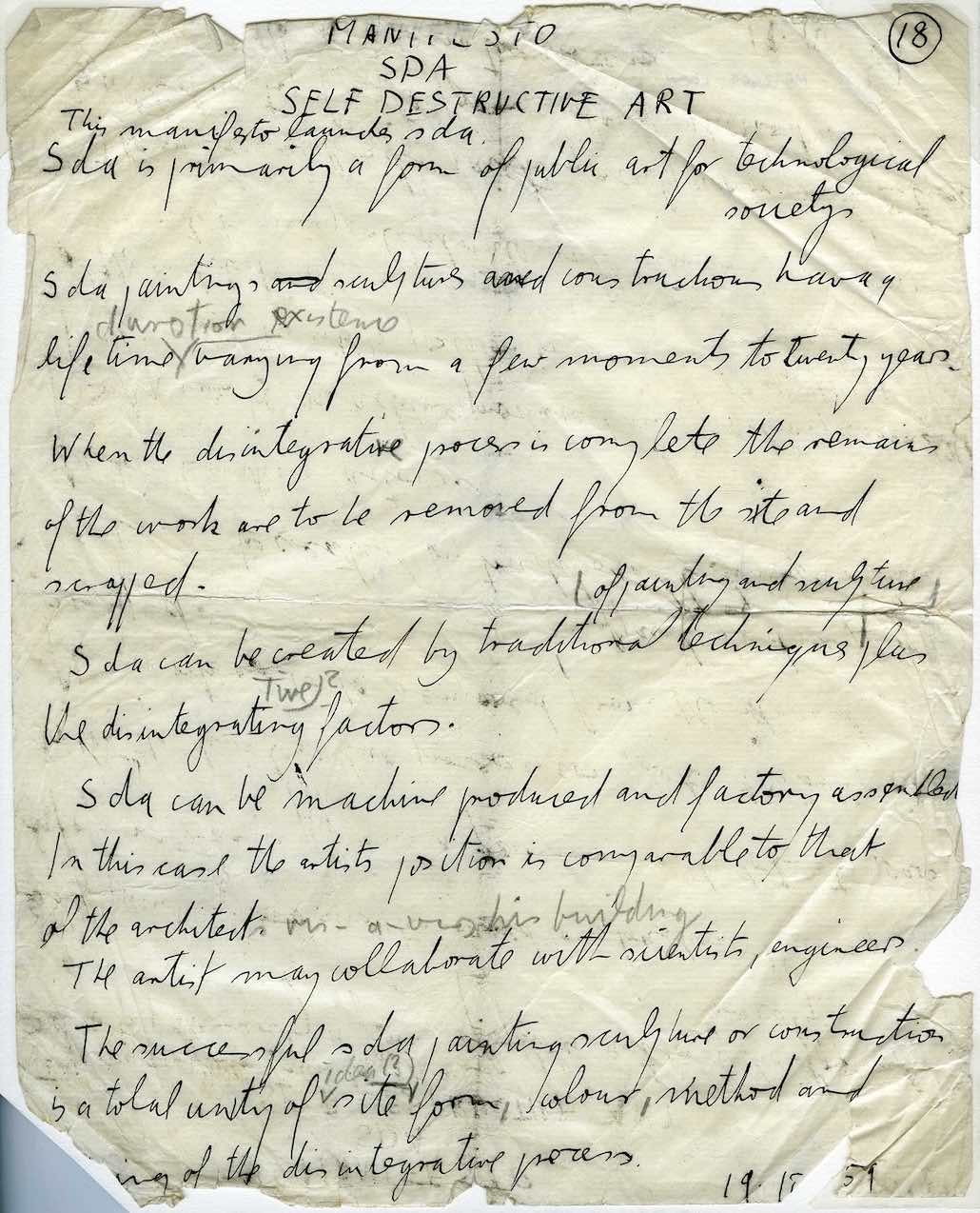 Creased manuscript sheet headed Manifesto, SDA, Self Destructive Art, with handwritten statements and the date 1959.