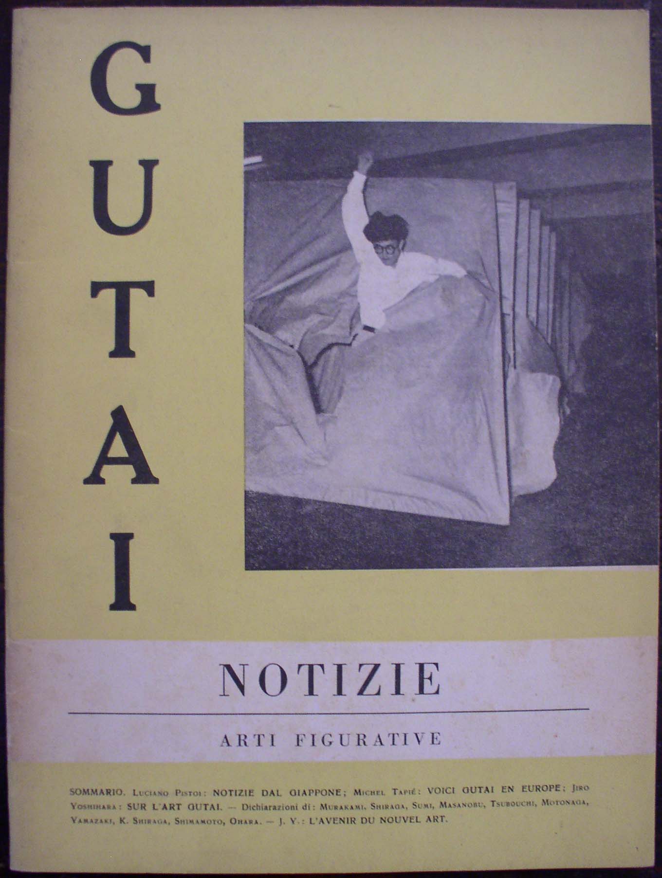 The cover of the 1959 Gutai issue of the Turin journal Notizie: Arti Figurative, showing Saburō Murakami bursting through stretched paper screens — the earliest European publication devoted to Yoshihara's group.
