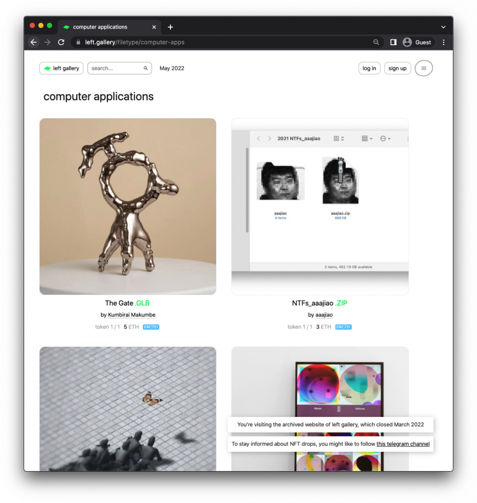 A screenshot of the Left Gallery website showing its “computer applications” room -- downloadable works by Kunihiko Matsuo, easjéo and others with their prices in ETH -- above a notice that the site is an archived version of the gallery.