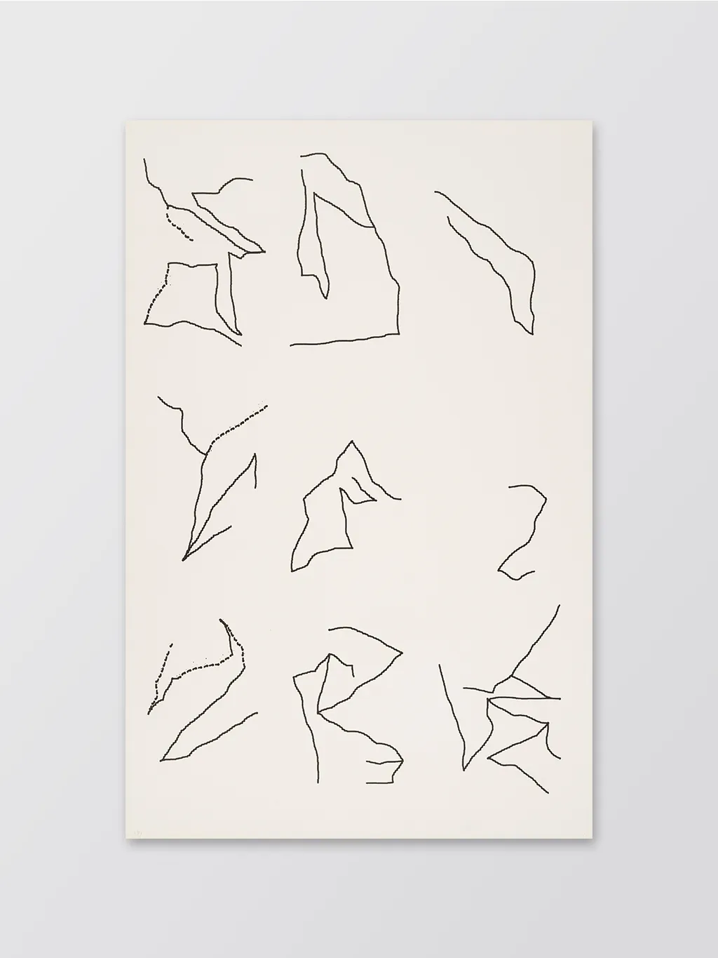 A Harold Cohen drawing of 1972 — nine machine-drawn freehand-line figures, some in dotted stroke, scattered across the sheet — from the pre-AARON body of work first shown that year at LACMA.
