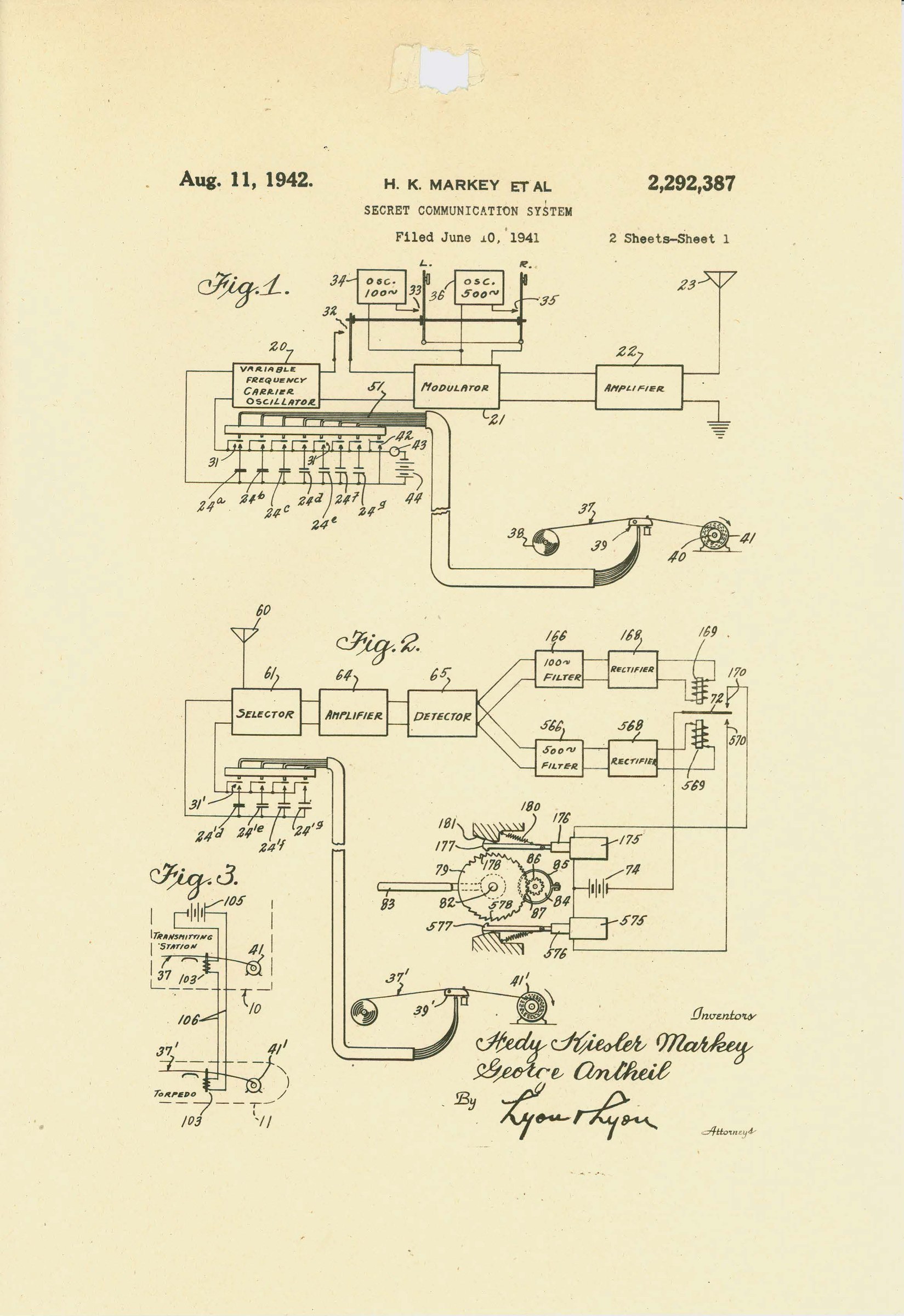 The first drawing sheet of Lamarr and Antheil's frequency-hopping patent, granted on 11 August 1942.