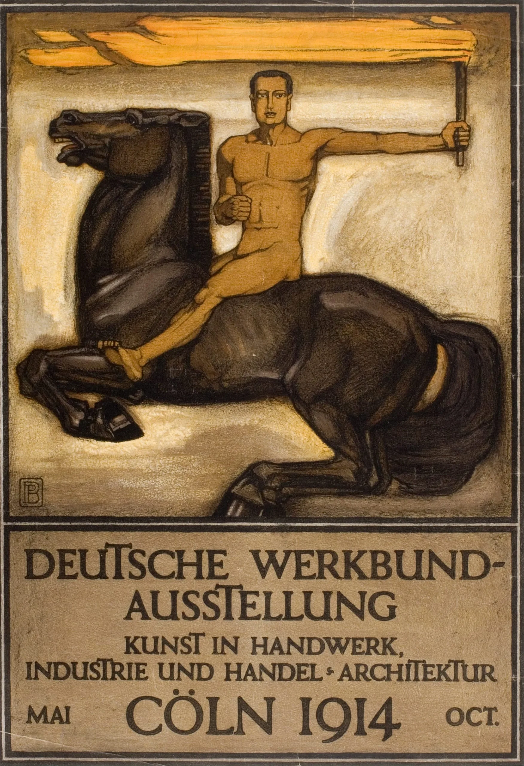 Orange and black exhibition poster showing a rider on a horse holding a flaming torch above large Cologne 1914 lettering.