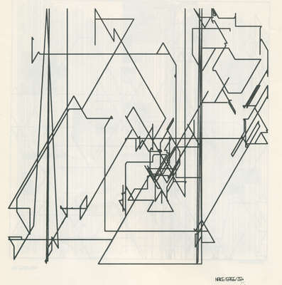 Frieder Nake’s plotter drawing Polygonzug Nr. 7 (1965), one of the computer drawings listed by Compart among the works shown at the Deutsches Rechenzentrum in Darmstadt, 15 January – 15 February 1966.