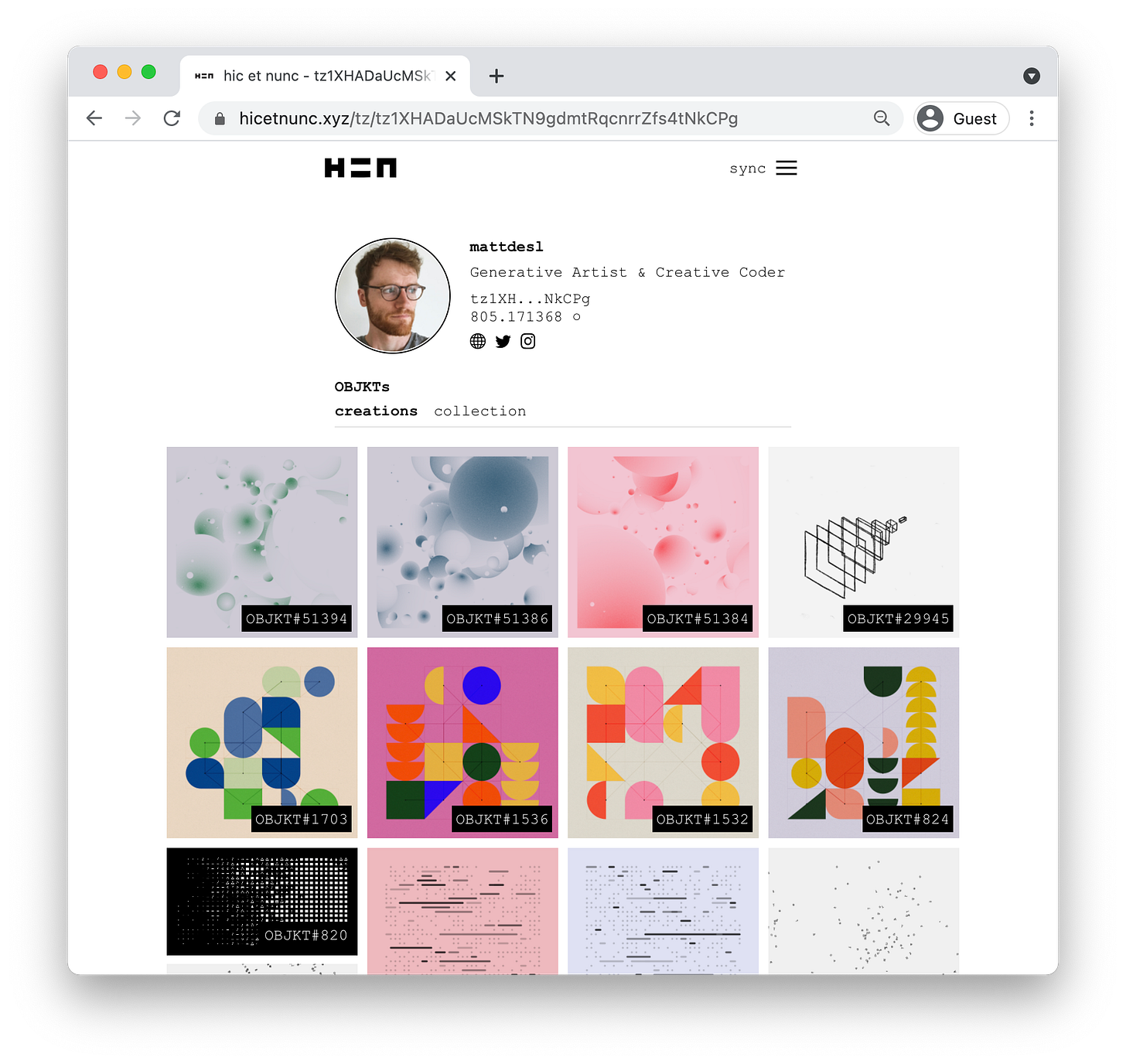 The original HEN interface displays a grid of colorful generative artworks on Matt DesLauriers’s profile.