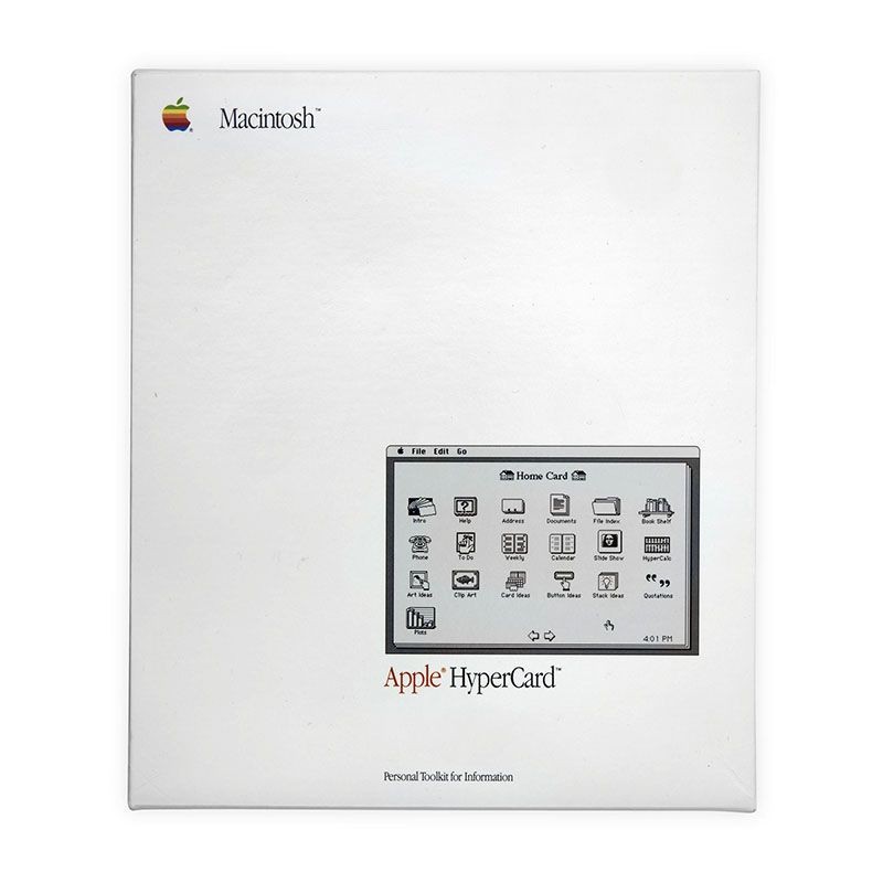 White Macintosh HyperCard package showing the Home Card interface and its icons.