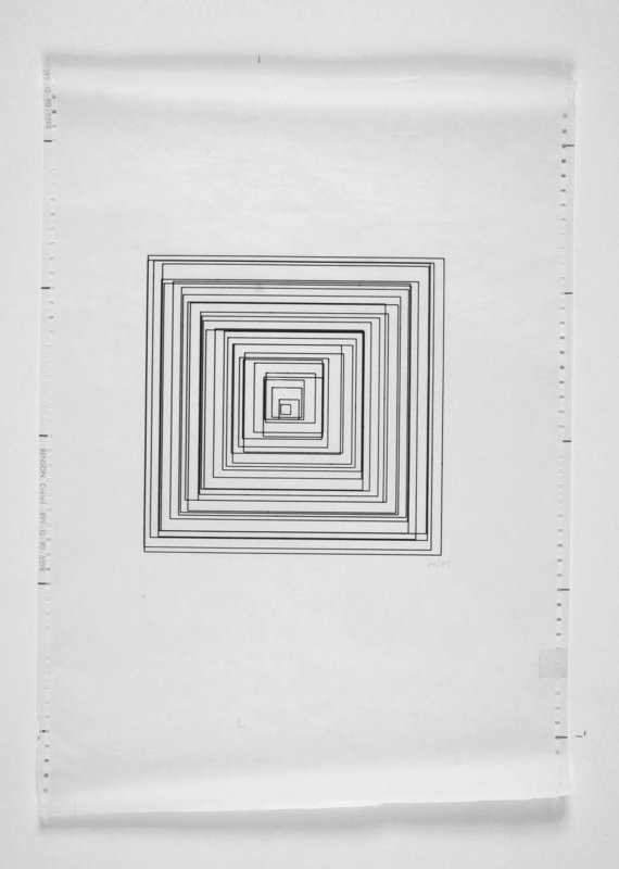 One sheet from Vera Molnar's Hypertransformations (1975/76): a set of concentric squares plotted on fan-fold paper, each square displaced slightly from true so the nest appears to drift off-axis.