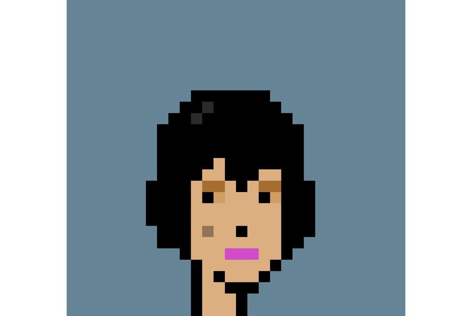 CryptoPunk #5293, a pixel figure with dark hair, purple lipstick and a mole, on a gray-blue ground.