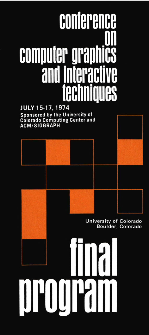 Tall black program cover with white condensed lettering and an orange grid of connected squares.