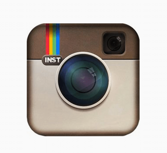 A brown camera-shaped Instagram app icon has a large dark lens, rainbow stripes and an INST label.