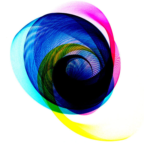 Dense curved blue and black lines form a rounded, twisting harmonogram with pink, cyan and yellow arcs on white.