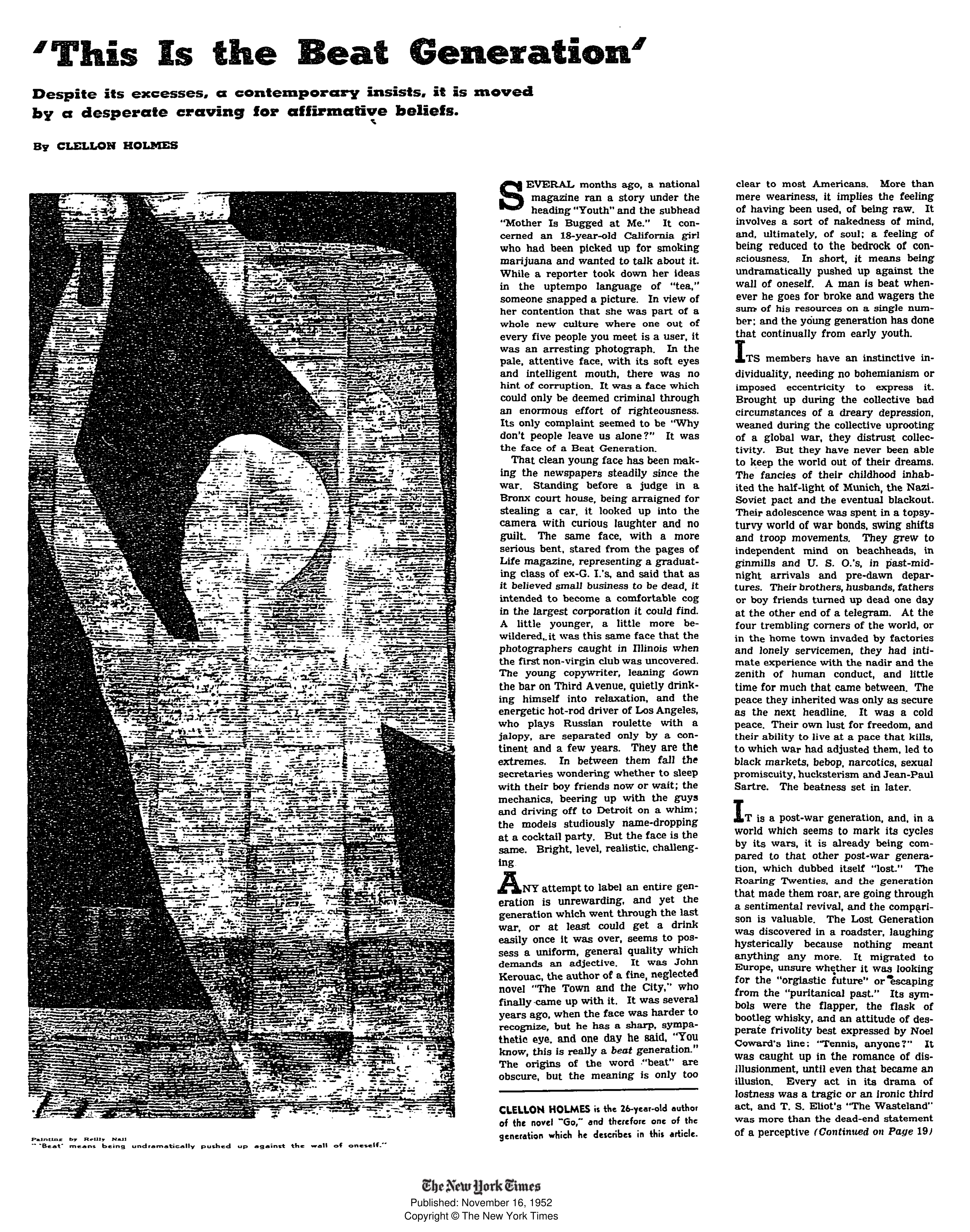 Original article headed This Is the Beat Generation, with two columns of text and a large black-and-white painting of a bowed figure against a wall.