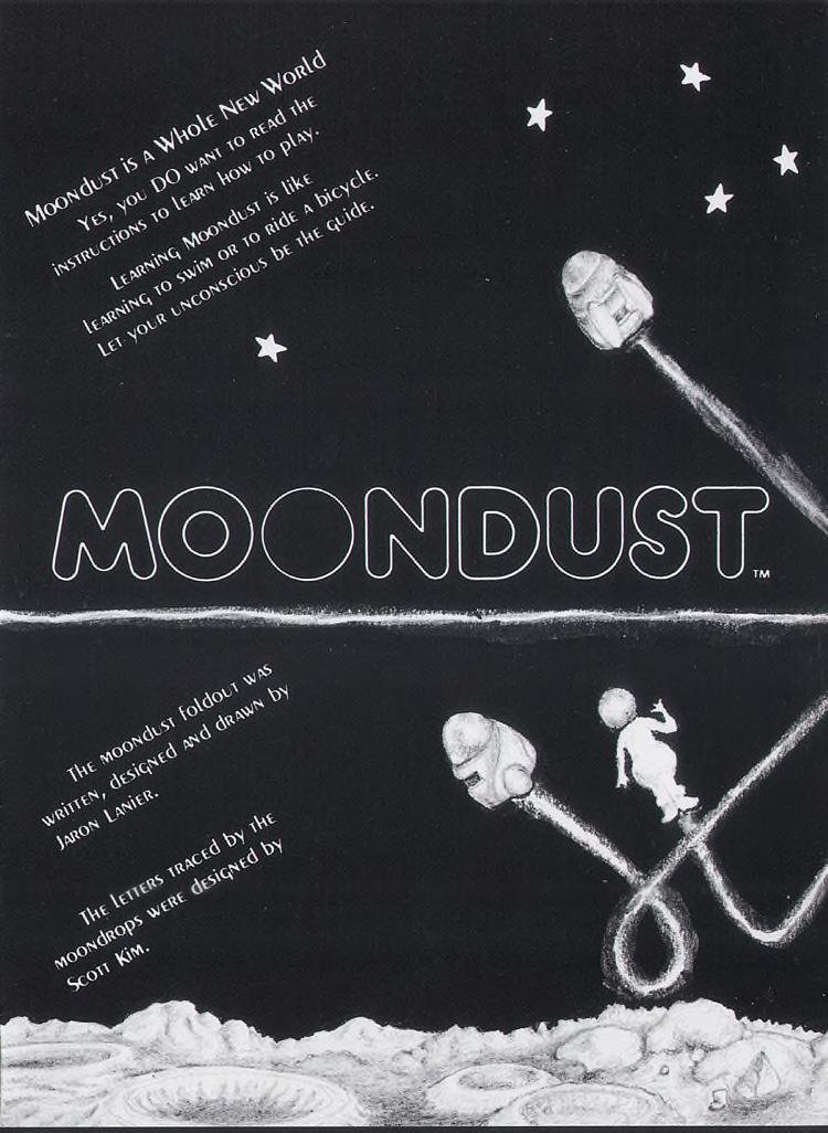Illustrated black Moondust manual front with white chalk-like space trails, stars, moons, an astronaut, and the outlined title.
