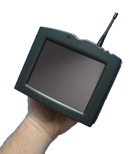 A hand holds the dark Star7 touchscreen prototype, with a short antenna extending from its top right corner.