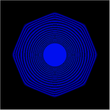 Animated luminous concentric octagonal rings pulse and change from blue and magenta to green, yellow and cyan against black.