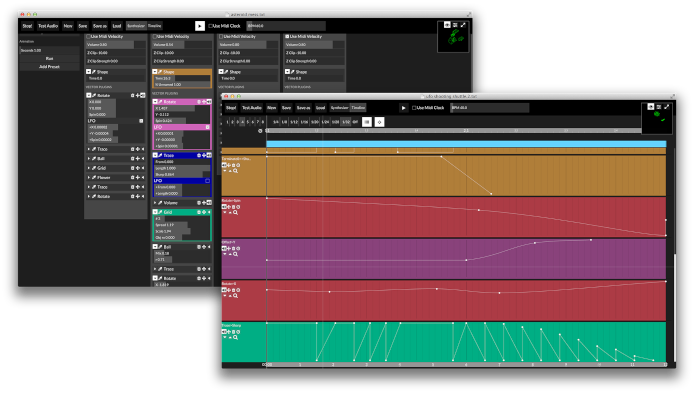 A screenshot of the OSCISTUDIO software itself -- its 3D viewport and colour-coded multitrack timeline -- from the developers' own software page; this is the tool, not an oscilloscope image made with it.