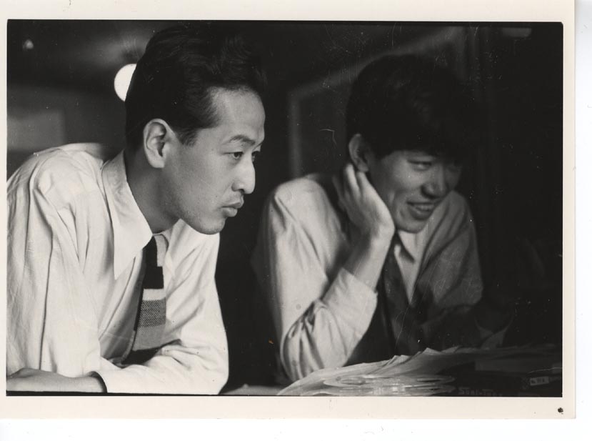 Jikken Kōbō members Hiroyoshi Suzuki and Katsuhiro Yamaguchi photographed in 1953, the year the group made its four synchronised-sound Autoslide pieces with the Tokyo Telecommunications Engineering Corporation (later Sony).