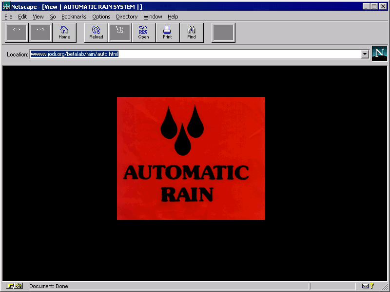 A Netscape screen capture of JODI's Automatic Rain, one of the first works the pair published at jodi.org in 1995, with the address wwww.jodi.org/betalab/rain/auto.html visible in the location bar.