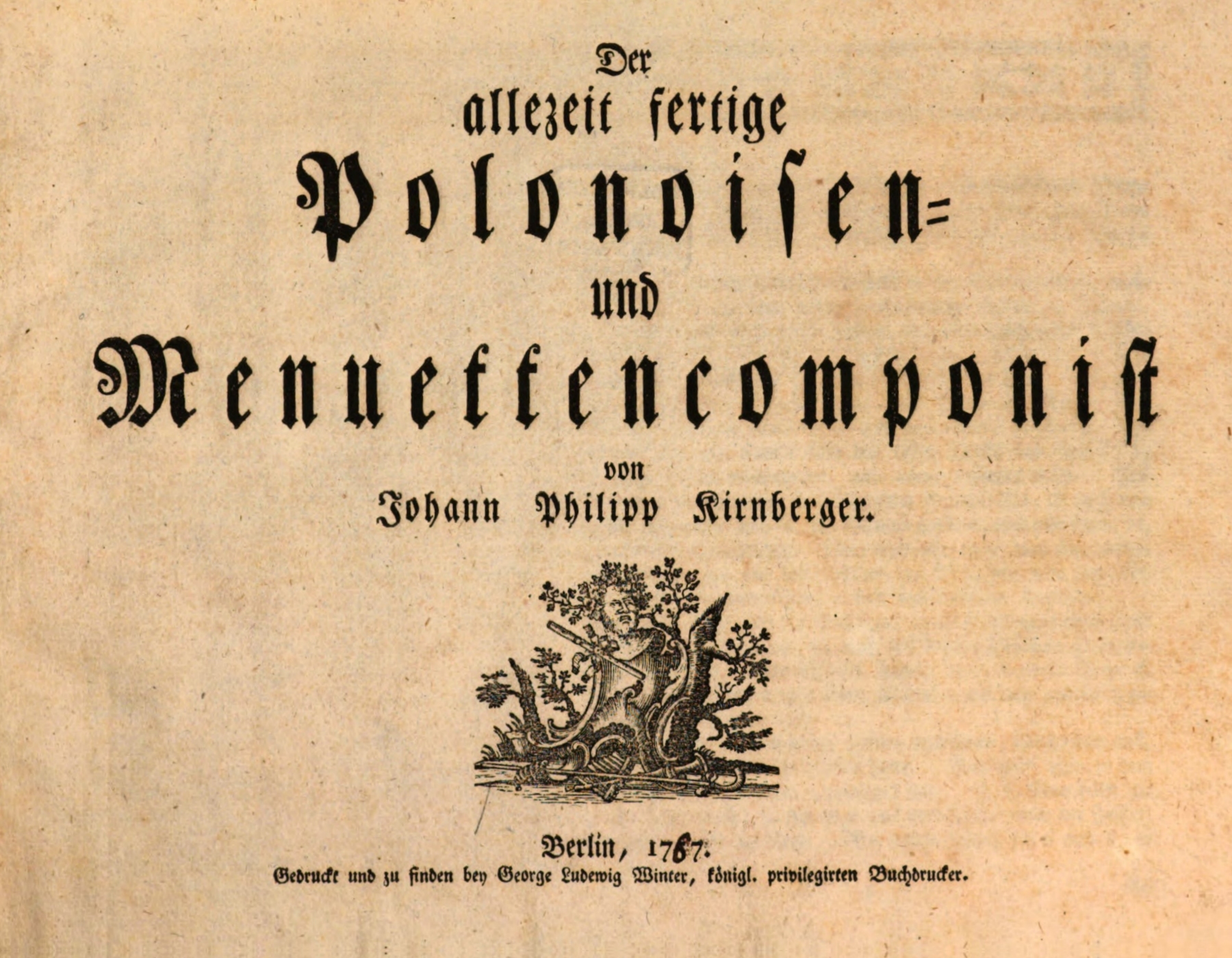 Sepia title page for Kirnberger’s dice-composition manual, with blackletter type and a small allegorical vignette.