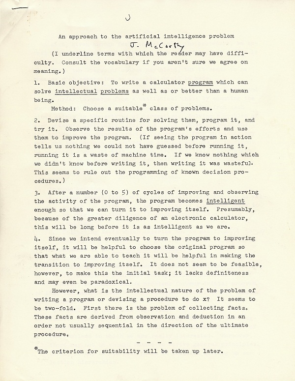 John McCarthy's typescript “An approach to the artificial intelligence problem,” signed in his own hand, from the papers Ray Solomonoff kept at the Dartmouth summer project.