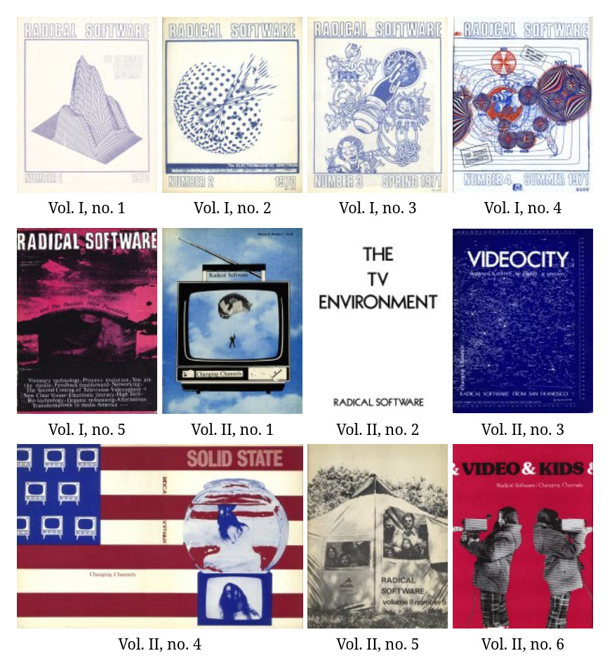 The covers of all eleven issues of Radical Software, Vol. I nos. 1–5 and Vol. II nos. 1–6, published between 1970 and 1974.