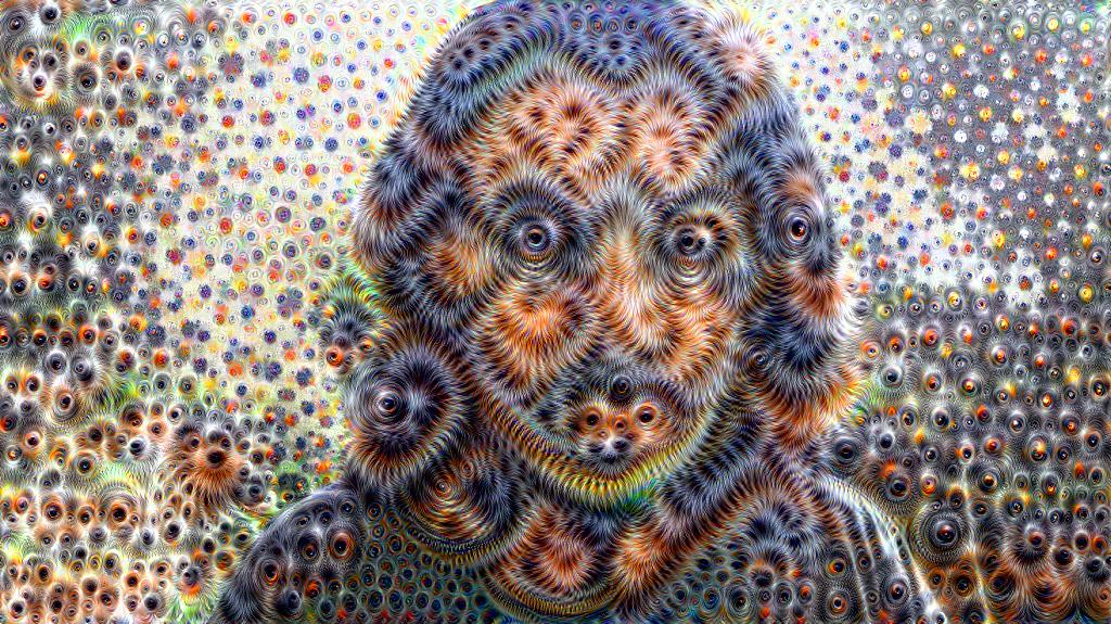 A frame from Memo Akten's Journey through the Layers of the Mind, made by running Google's DeepDream backwards: a face dissolved into a swarm of repeating eyes, muzzles and animal forms.