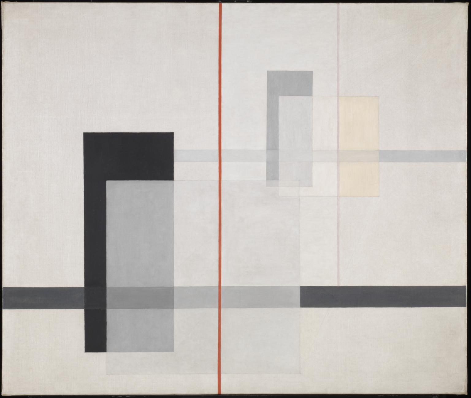K VII: black, gray and pale cream rectangles overlap horizontal bands on an off-white ground, intersected by a thin red vertical line.