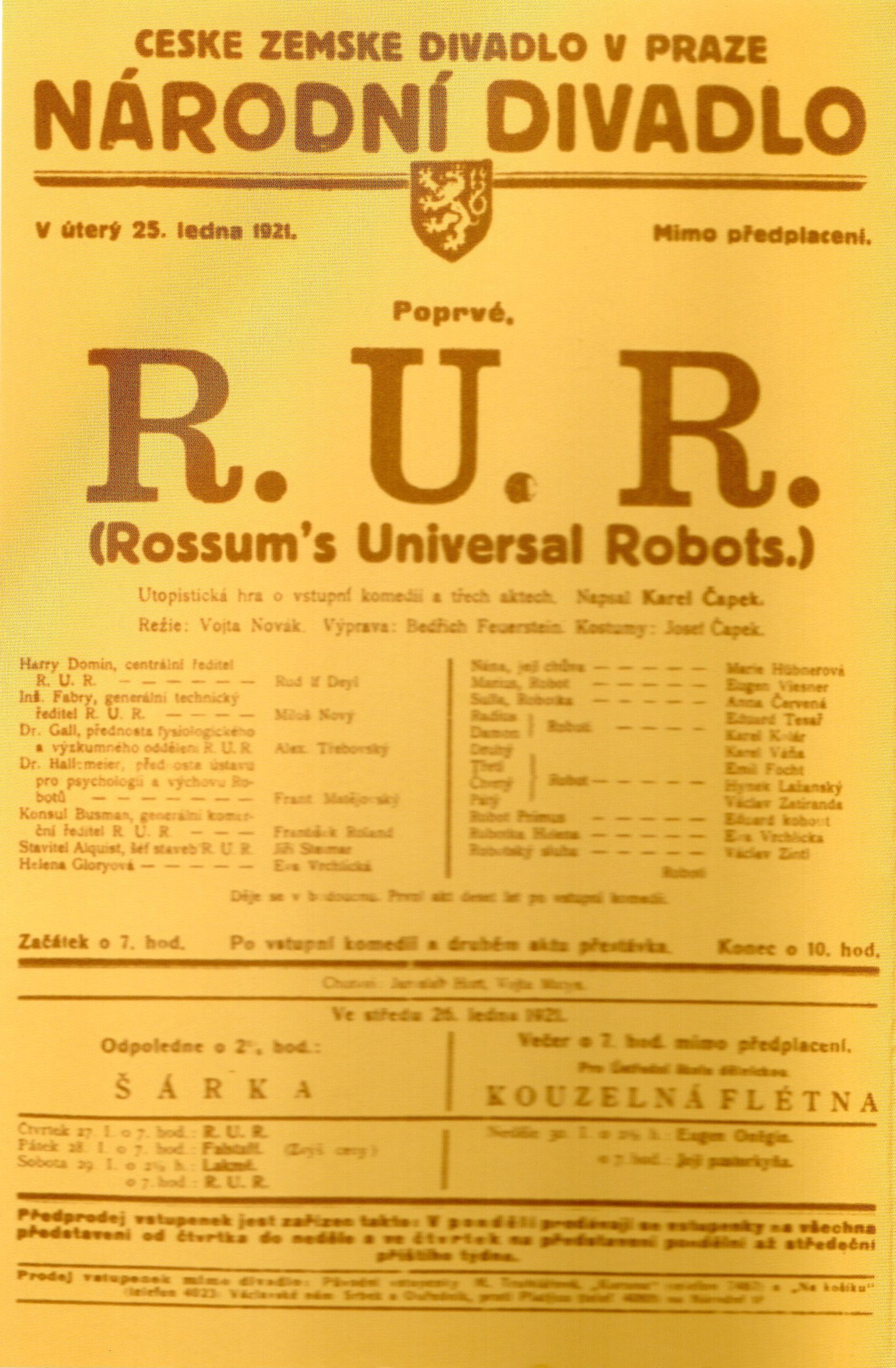 The National Theatre poster for the first performance of R.U.R. in Prague on 25 January 1921.