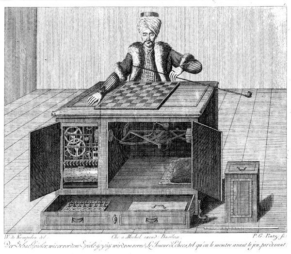 A copperplate engraving of Kempelen's chess-playing automaton, the Turk, seated at its cabinet.