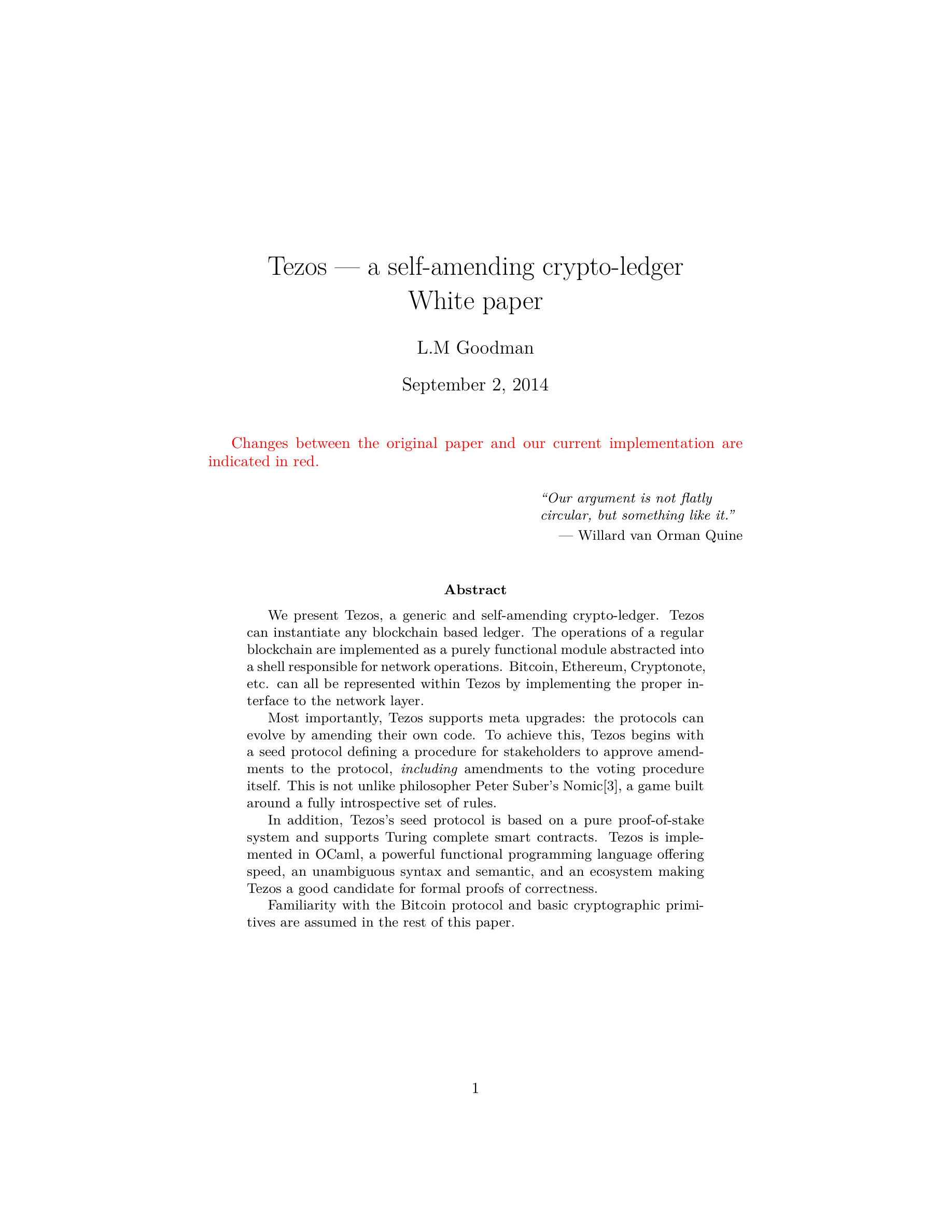 The Tezos whitepaper’s title, author, September 2014 date, red annotation notice, and abstract on a white page.