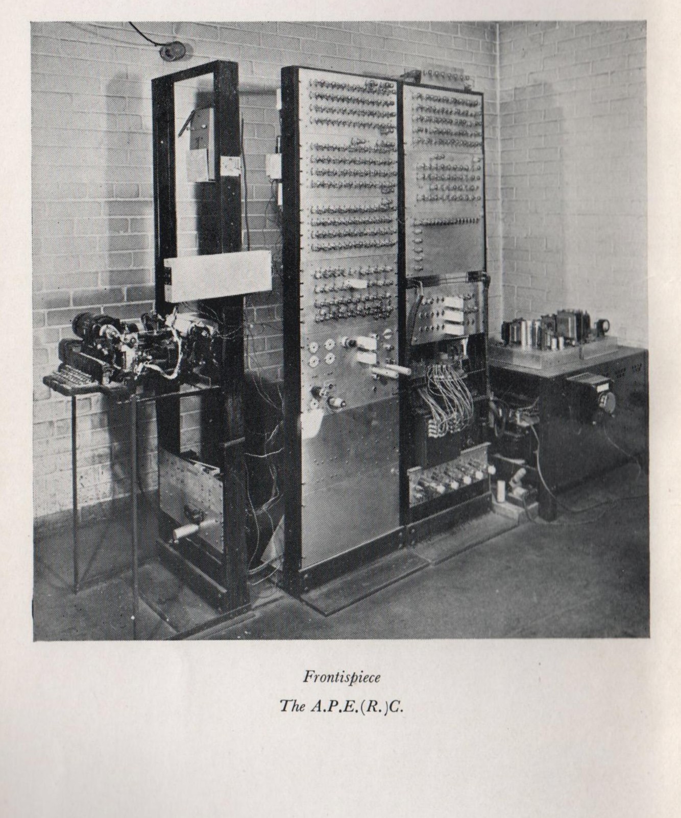 The Booths' A.P.E.(R.)C. computer, one of their A.P.E.(X).C. family of machines, as the frontispiece of their 1953 book Automatic Digital Calculators.