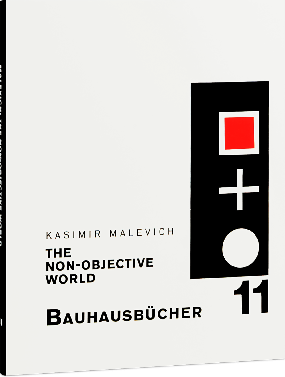 White cover with a black column containing a red square, white cross and white circle, beside the title The Non-Objective World.
