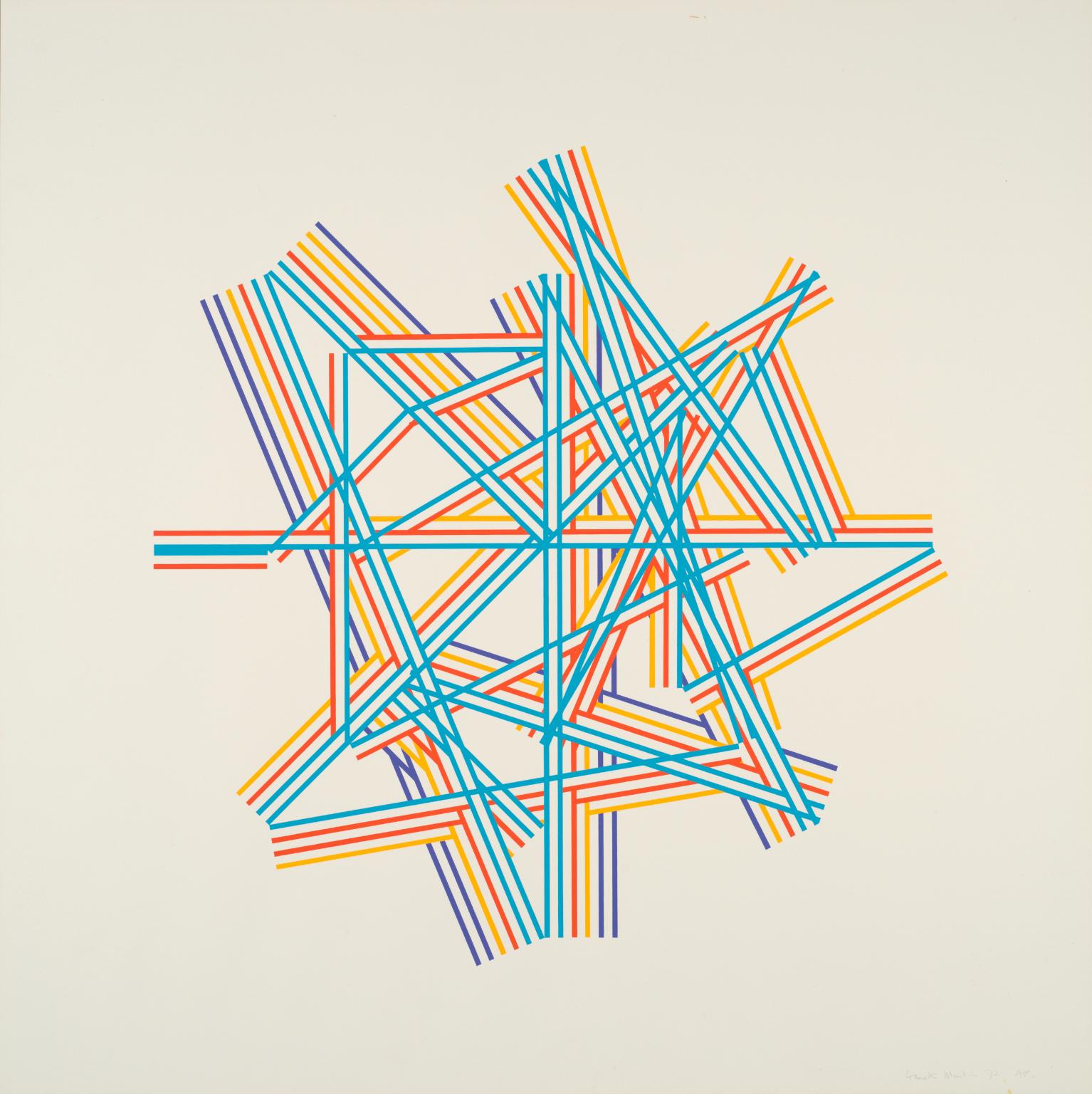 Kenneth Martin's screenprint Chance and Order V (1971–2): bands of blue, red, orange and violet lines drawn between randomly numbered points on a grid, signed by the artist in pencil.