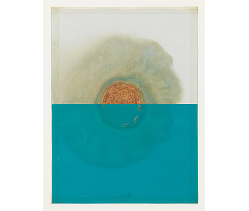 Dieter Roth's Kleiner Sonnenuntergang: a slice of sausage pressed between white and blue paper, its oils bleeding outward over decades into a halo like a sun setting over water.