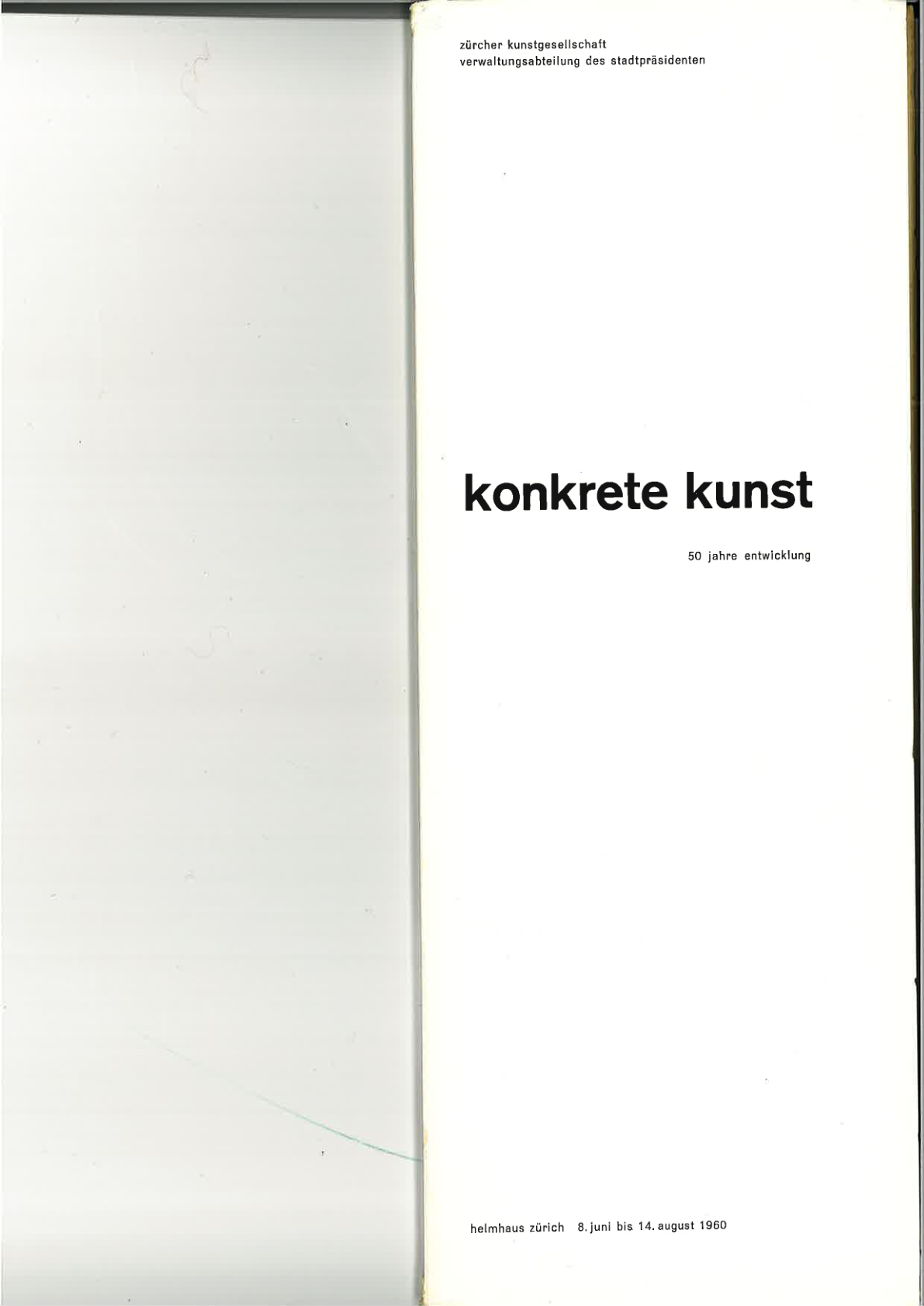 A minimal black-on-white title page reads konkrete kunst, 50 jahre entwicklung, with the Helmhaus Zürich exhibition dates below.