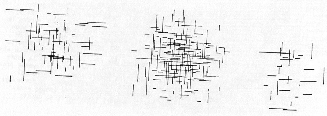 Three sparse arrangements of short black horizontal and vertical lines on white, with a denser central composition.
