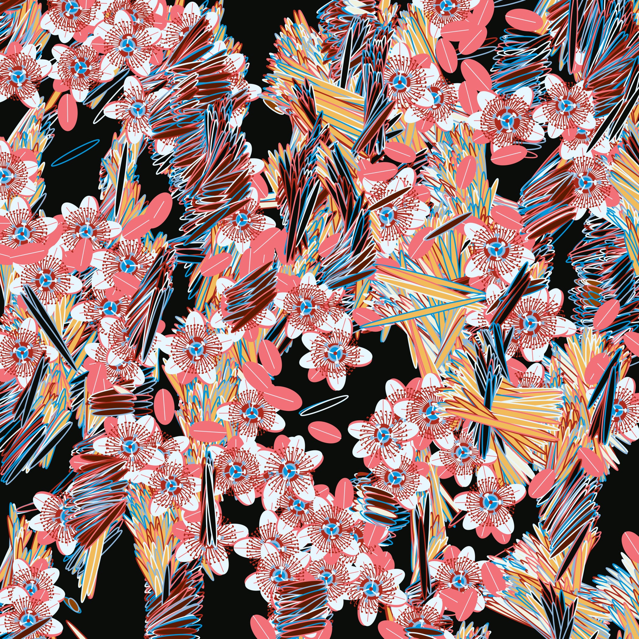 Multicolored botanical forms and fine striped petals against black in Fragments of an Infinite Field #972.