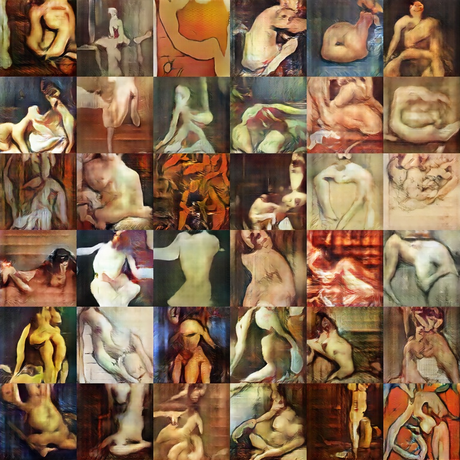 A grid of sample nude portraits generated by Robbie Barrat's nude-portrait GAN, published by the artist in the README of his own art-DCGAN repository.