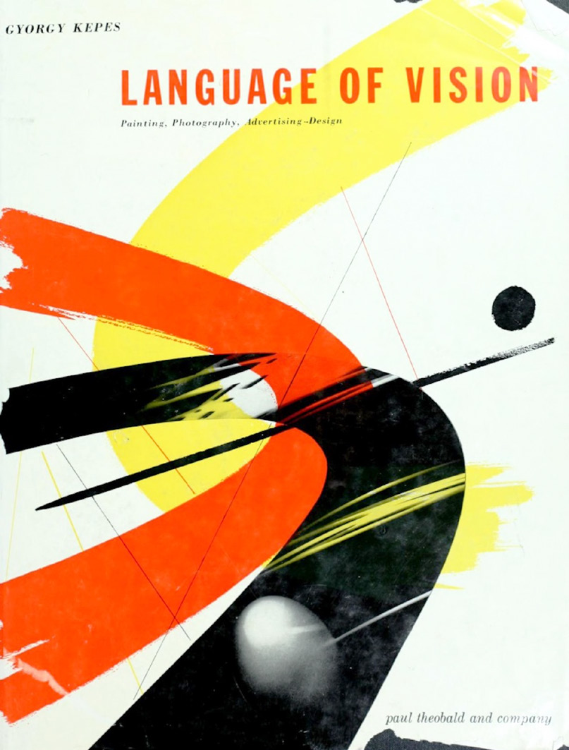 Language of Vision book cover with sweeping red, yellow, and black brushlike forms, fine lines, and a white circle.
