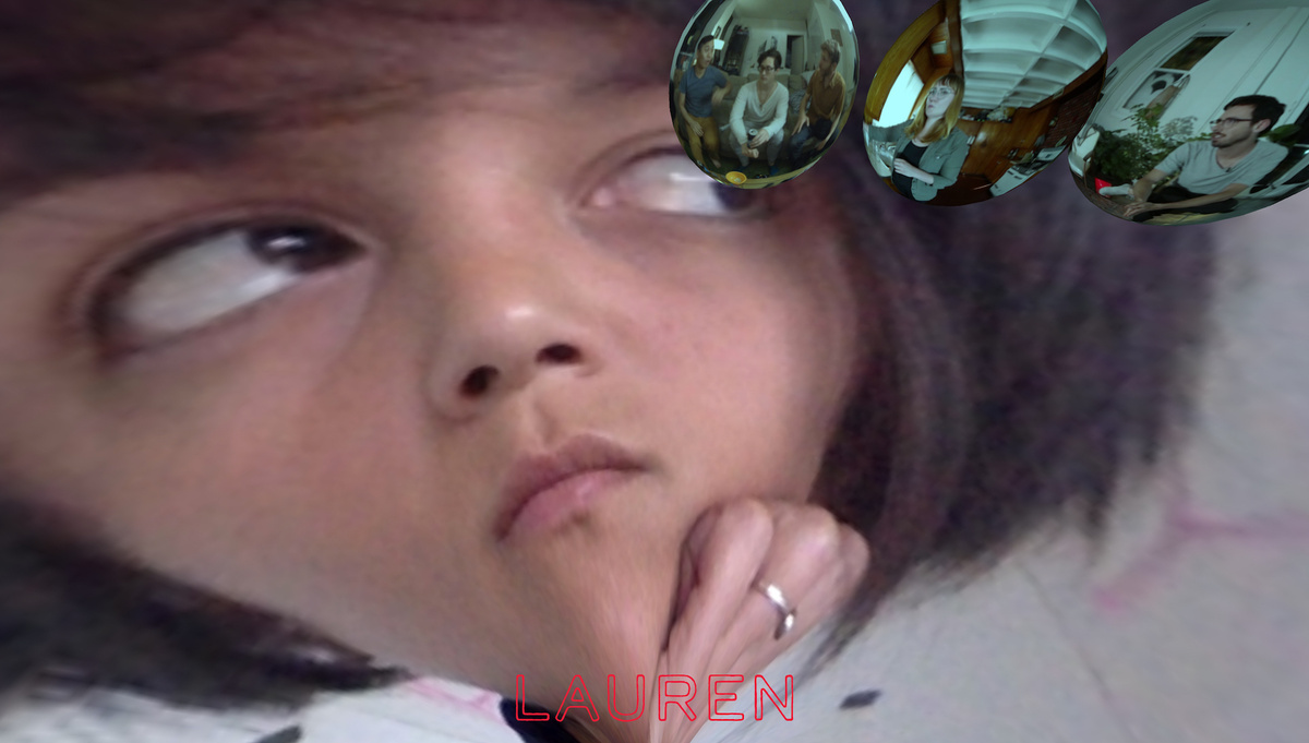 The artist's own title image for LAUREN: a participant lying in bed looking up, with reflective spheres showing the artist's surveillance-camera views of the smart home, overlaid with the word LAUREN.