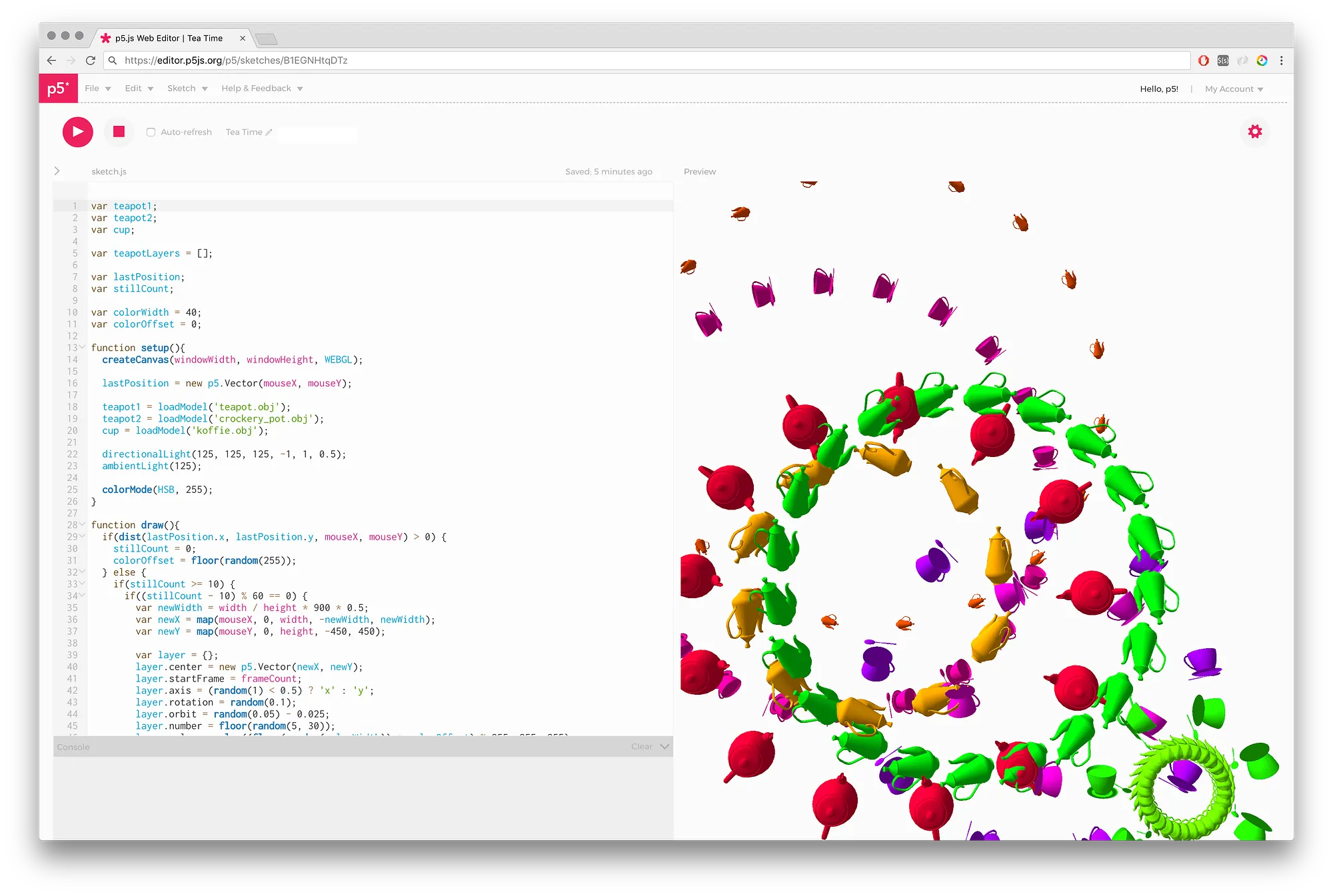 Code in the p5.js editor sits beside a colorful spiral of floating teapots and tea objects.