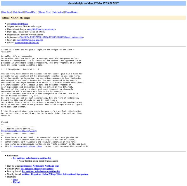 Archived nettime message with Shulgin’s name, March 1997 date, subject and the original story about the net.art name.