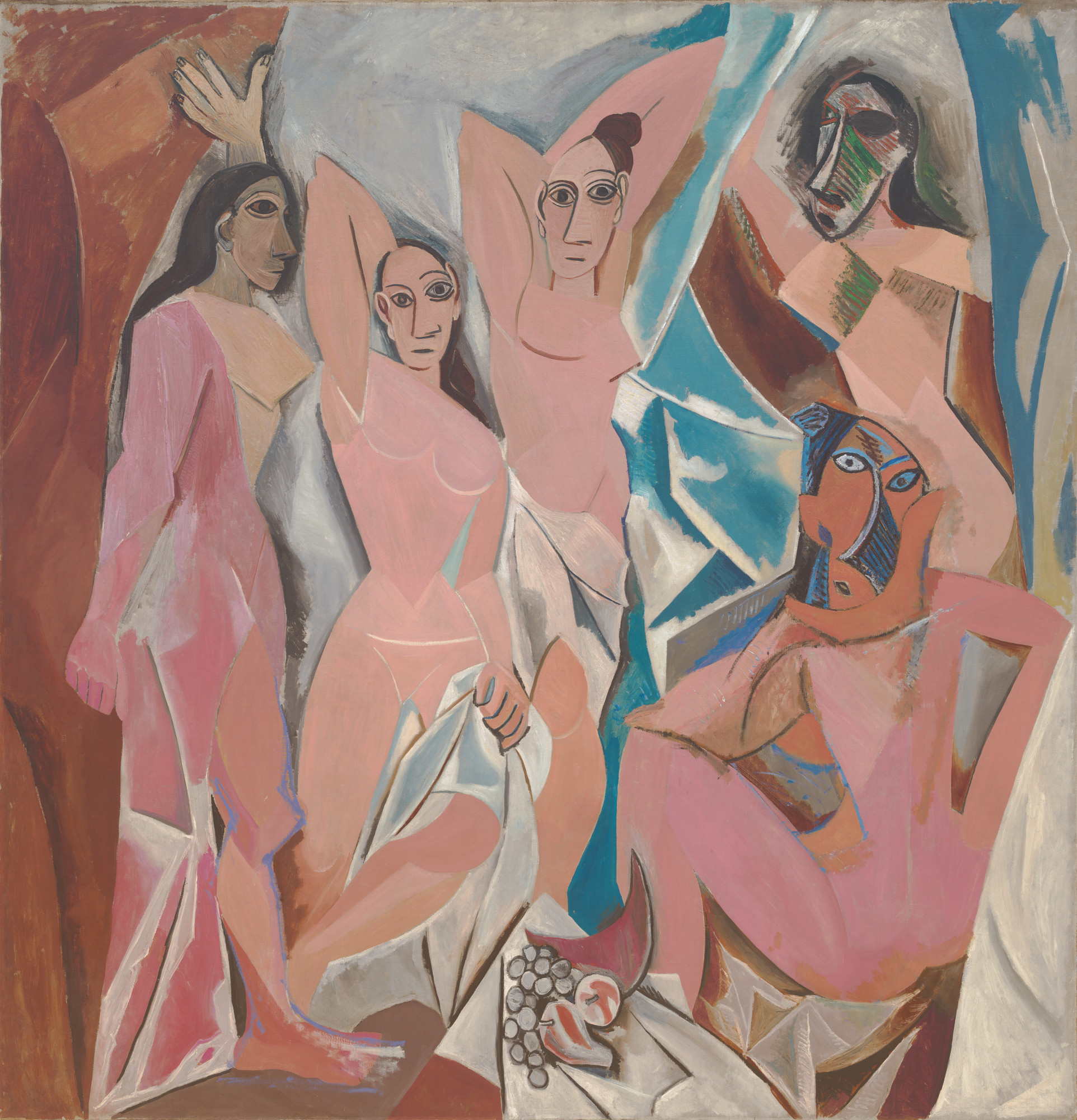 Five angular nude figures fill a fractured pink, blue and ochre space, with a fruit still life at the lower edge.